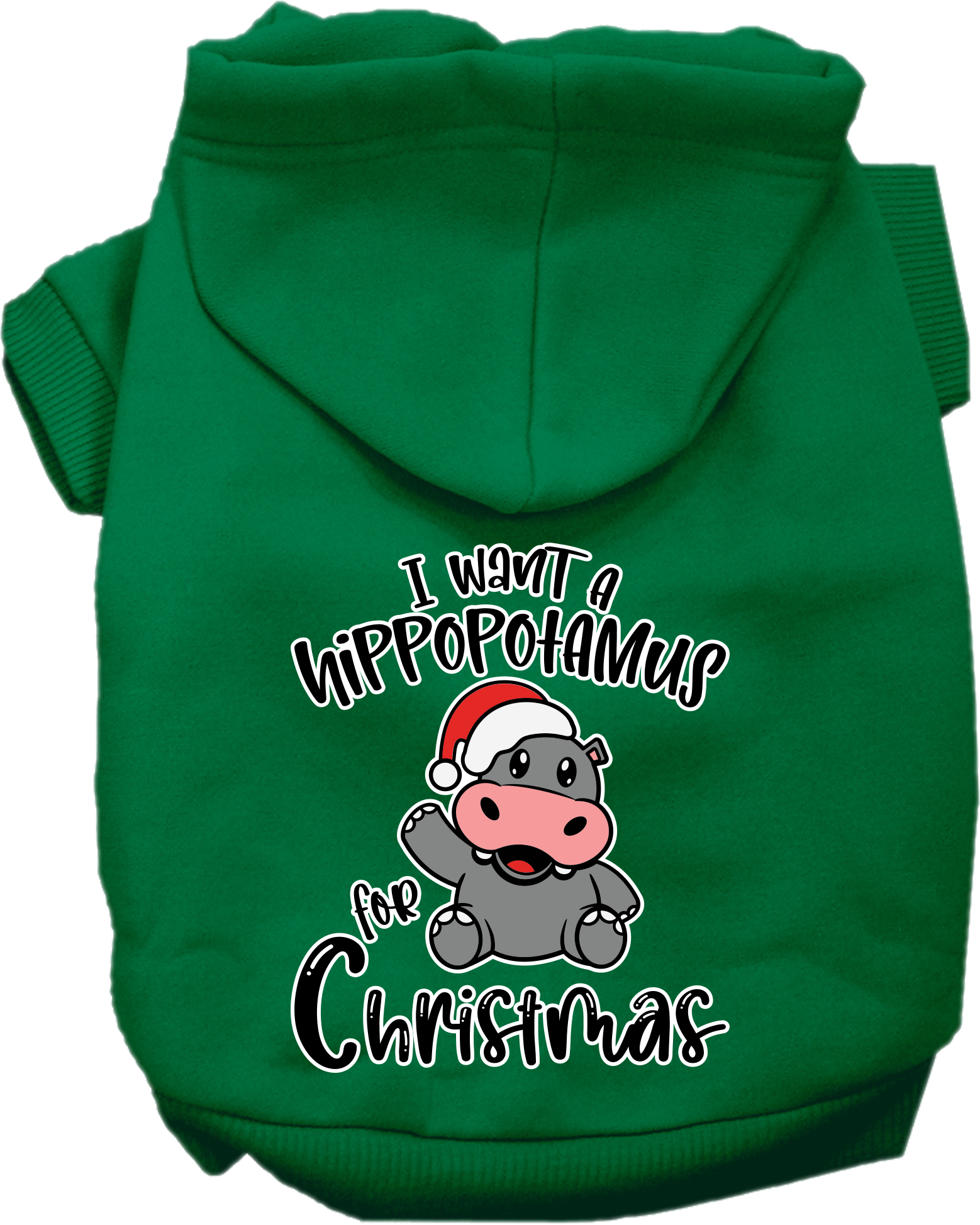 Hippo for Christmas Screen Print Dog Hoodie Emerald Green Size XL